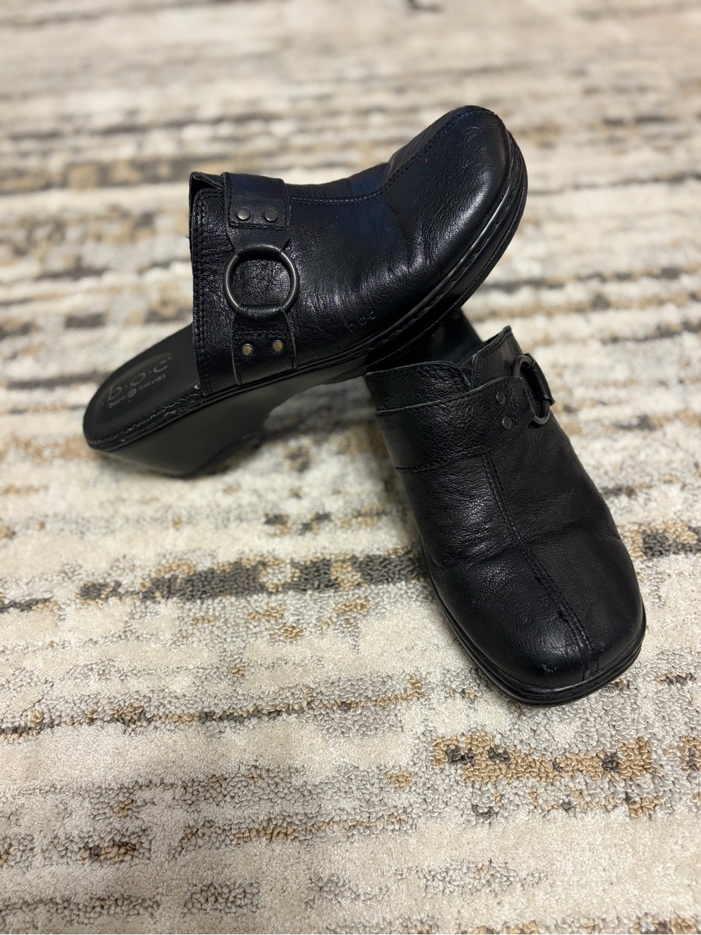 b.o.c. | Black Leather Slip-On Mule Clogs with Buckle Detail size 9